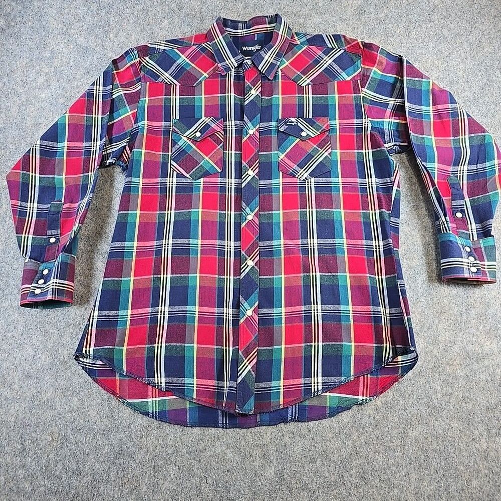 Vintage Wrangler Shirt Men's Sz 17.5 x 35 XL Red Blue Plaid Ivory Snap Button Up
